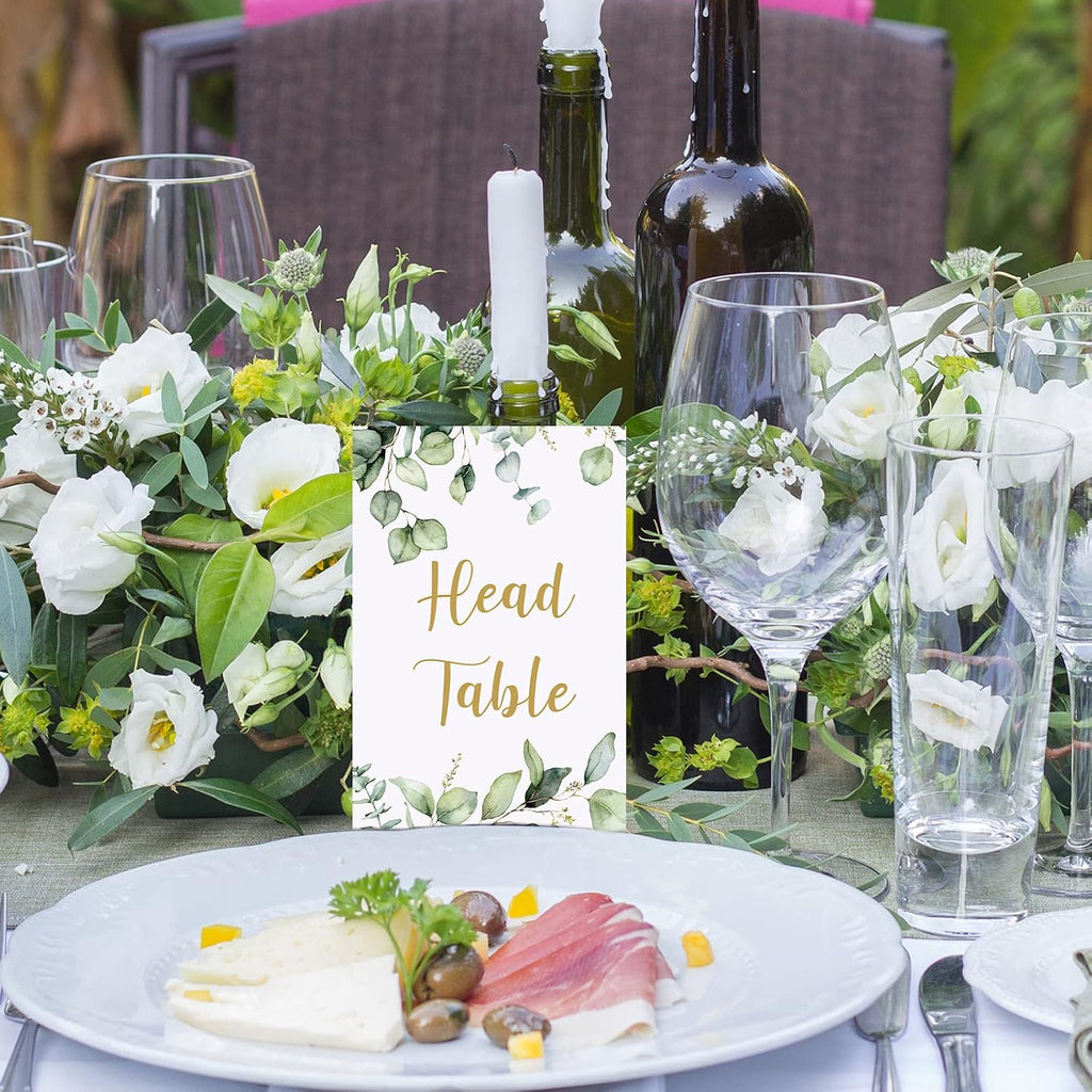 Zonon 26 Pieces Wedding Table Numbers Cards 1-25 with Head Table Numbers Greenery Eucalyptus Double Sided Cards Party Centerpiece for Wedding Reception Baby Shower Birthday Bridal Party(Gold)
