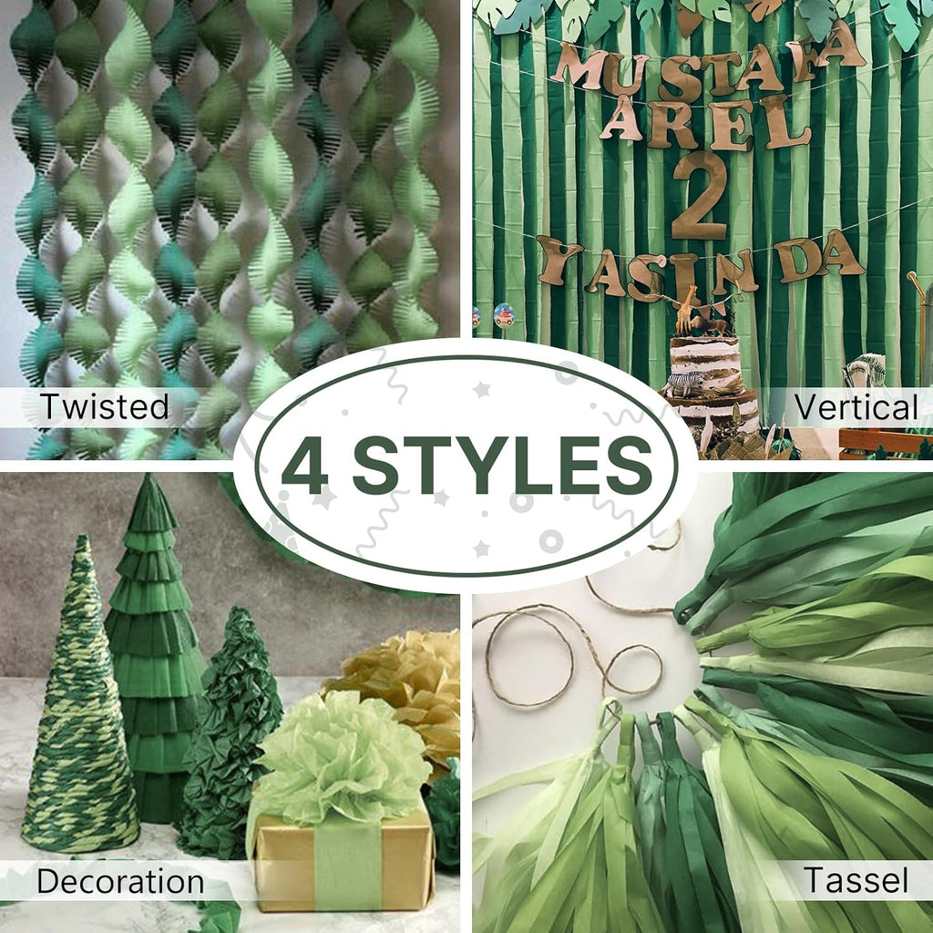 PartyWoo Sage Green Crepe Paper Streamers 6 Rolls 492 ft Pack of Hunter Sage Green Gold Sand White Crepe Paper for Jungle Safari Graduation Birthday Party Decorations (1.8 Inch x 82 Ft/Roll)