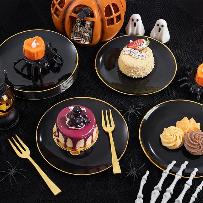 Festiva 200Pcs Black Gold Dessert Plates 6.3" with Plastic Forks 5"- Small Disposable Plates- Dessert/Cake/Appetizer Plastic Plates include 100Plates 100Forks for Christmas Party&Halloween&New Year
