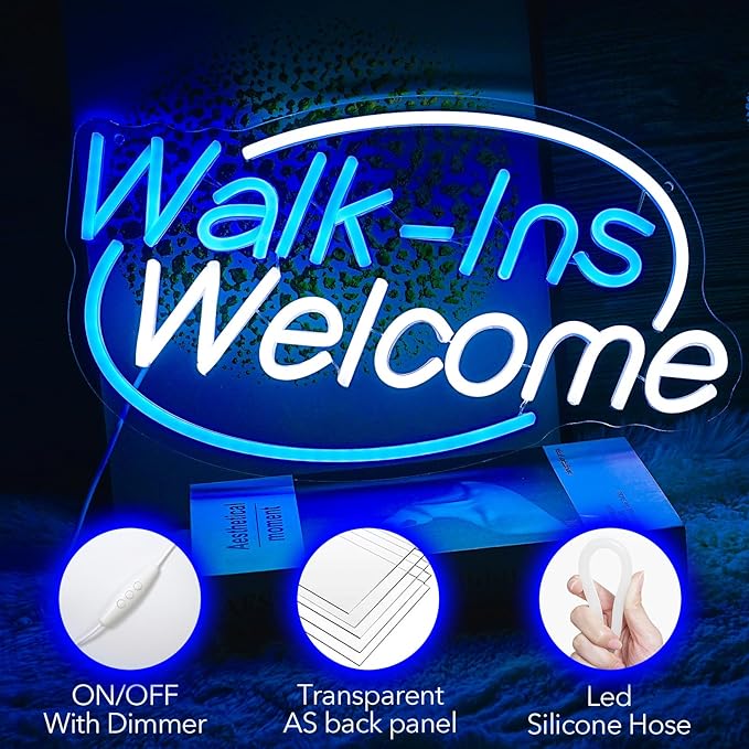 Walk-Ins Welcome Neon Sign, Neon Sign For Wall Decor, Blue + White Led Signs Usb Powered, Living Game Room Decor, For Bedroom Restaurant Bar Hotel Shop Party Birthday (16.5x9.4in)