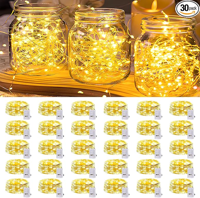 30 Pack LED Fairy Lights Battery Operated,7FT 20 LED Waterproof Mini Twinkle String Lights Battery Powered for Christmas Mason Jars Party,Warm White