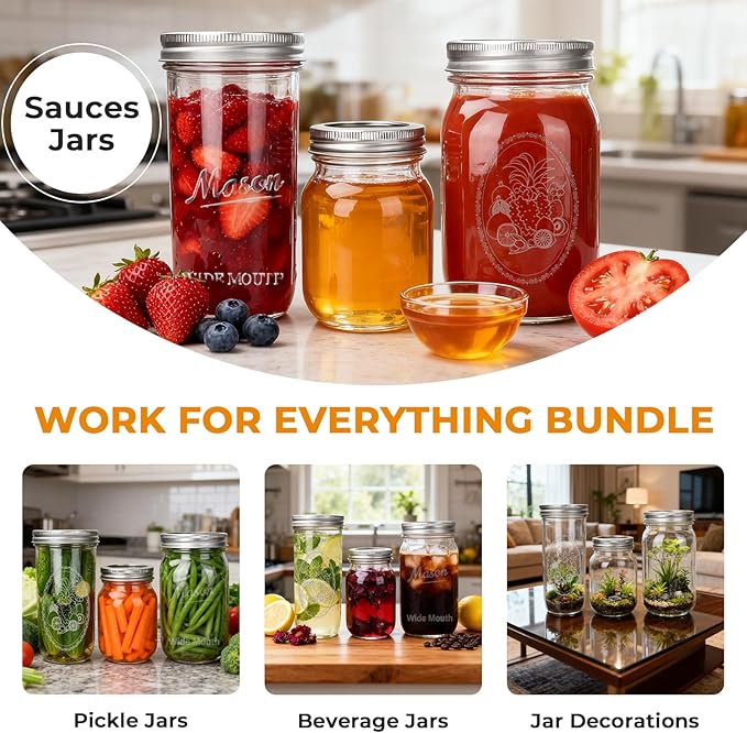 CycleMore Mason Jars Bundle, 12 Pack J Canning Jars With Bands and Lids, Ideal for Jam, Honey, Wedding/Shower Favors, DIY & Oats - 32 OZ x 4, 24 OZ x 4, 16 OZ x 4 (16oz - 24oz - 32oz)