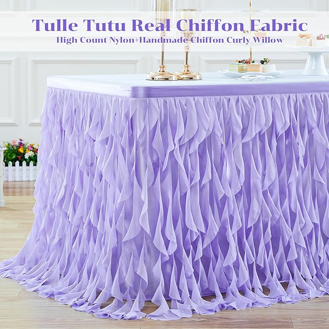 PARTISKY Lavender Purple Tulle Curly Willow Table Skirt for Rectangle Table 14ft, Ruffle Tutu Table Cloth for Girls Boys Baby Shower,Mermaid Birthday Party