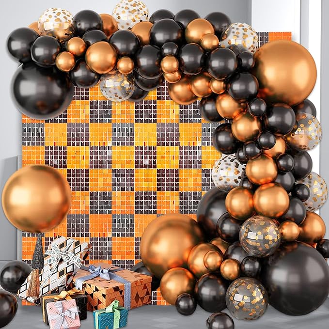 12PCS Black Orange Shimmer Wall Backdrop, Square Sequin Photo Backdrops Panel, Glitter Wall Background for Birthdays, Weddings, Christmas, Engagements, Halloween Party Decor (3FTx4FT)