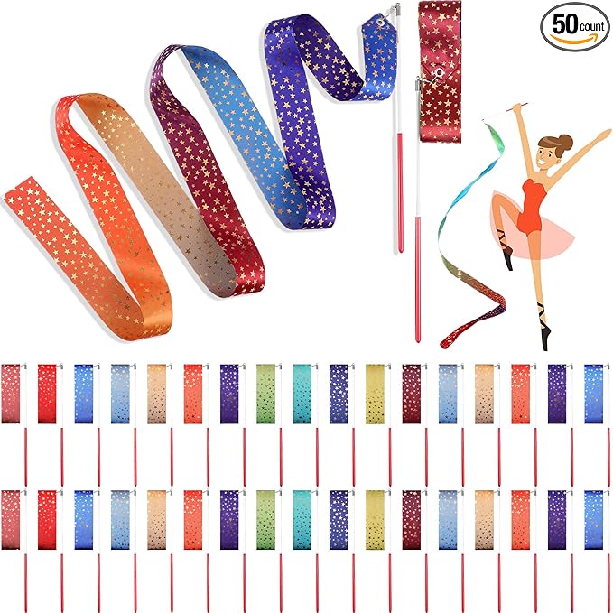 Yilloog 50 Pcs Ribbon Dancing Wands Party Favors, 78.7 Inch Artistic Gymnastics Ribbon Streamers Twirling Wands, Rainbow Birthday Decorations
