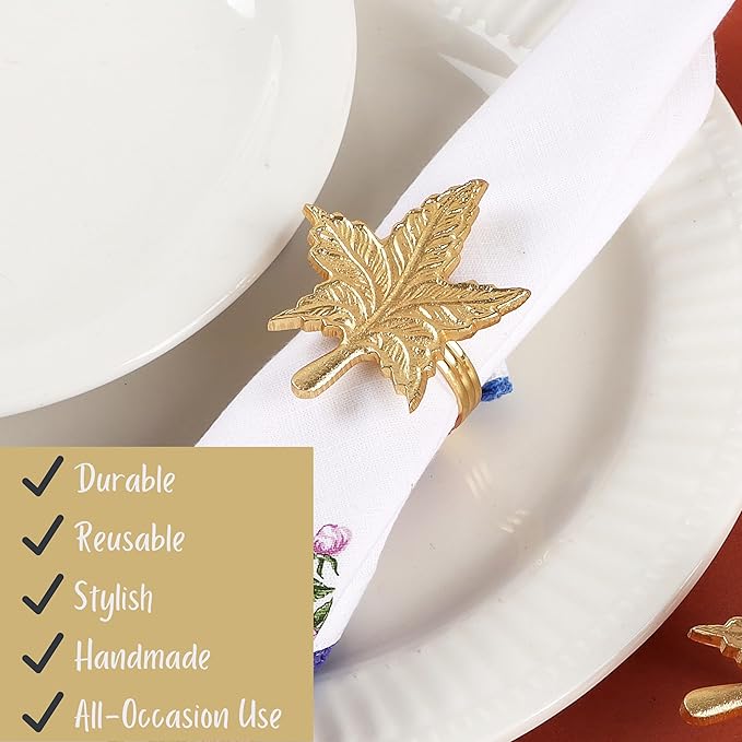 Set of 12 Gold Leaf Napkin Rings - 1.5 Inch Elegant Leaf Design, Lightweight Metal Table Décor for Wedding, Holiday, Thanksgiving, Formal Dining & Special Occasions - ALPHA Living HOME