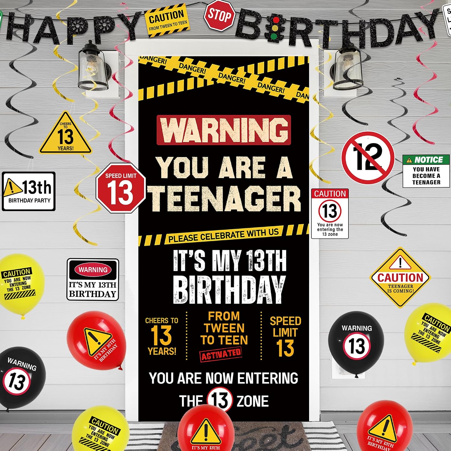 Roetyce 13th Birthday Decorations Boys Girls, Black Happy 13th Birthday Banner Backdrop Balloons Hanging Swirls, Caution Logo Themed Teenager 13 Years Old Party Yard Door Wall Cover Background