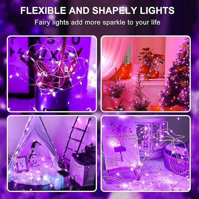 Aogist 50 Pack Fairy Lights 3 Modes 7ft 20 LED Waterproof,Battery Operated Silver Wire Firefly Starry Moon Mini String Lights for Mason Jars Christmas DIY Crafts Wedding Party Bedroom,Purple