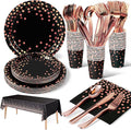 141 Pieces Black and Rose Gold Party Supplies, Party Dinnerware Sets Include Paper Plates Napkins Cups Silverware, for Wedding Bridal Shower Engagement Birthday Parties Decoration -20 Serves