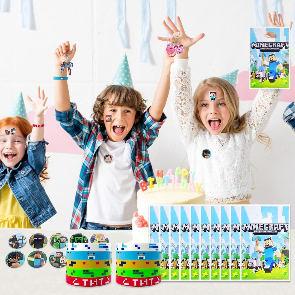 For Pixel Style Birthday Party Supplies, 90pcs Party Favors for , Includes 50 Stickers, 10 Gift Bags, 10 Wristbands, 10 Keychains, 10 Badges.