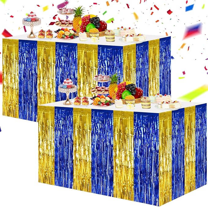 BEISHIDA 2 Pack Blue Gold Table Skirts Party Decorations Metallic Tinsel Foil Fringe Table Skirts for Birthday Retirement Anniversary Graduation Congrats 2026 Party