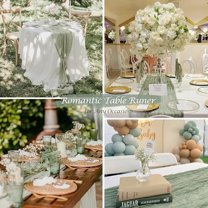12 Pack Sage Green Table Runner Cheesecloth 35x120 Inch, 10Ft Boho Sheer Gauze Table Runner Cheese Cloth Runner for Wedding Baby Shower Fall Thanksgiving Home Decorations