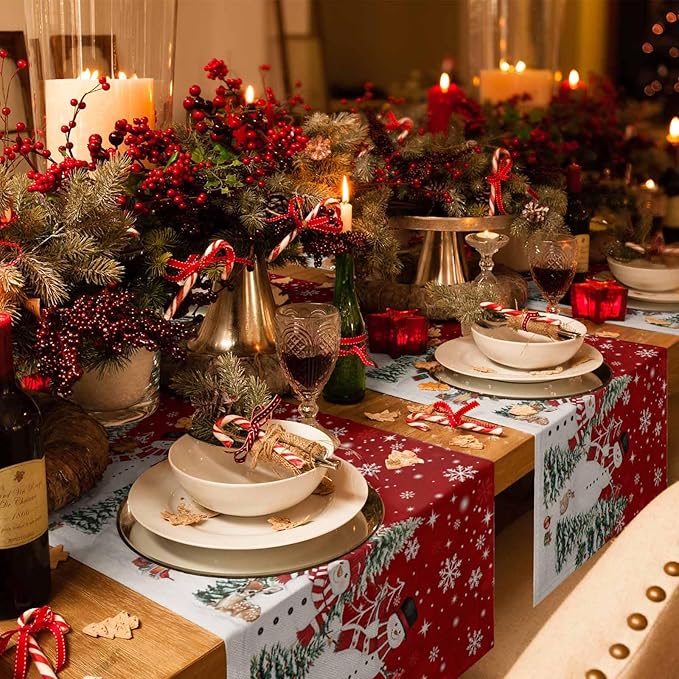 Christmas Snowman Cotton Linen Table Runner for Dining Kitchen, Xmas Tree White Snowflakes Winter Wedding Outdoor Party Tablerunners Decoration, Dresser Scarf Coffee Tablecloth Runners 13x60 Inches
