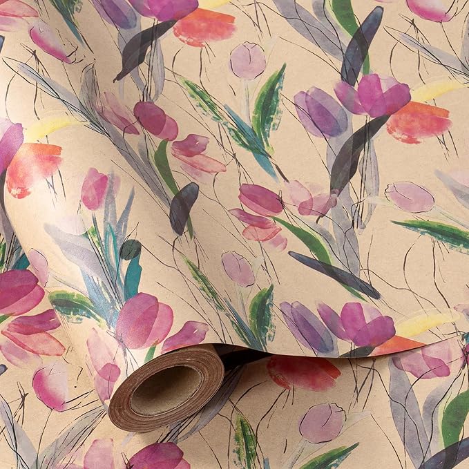 RUSPEPA Tulips Floral Wrapping Paper Roll, Watercolor Gift Wrap, Mini Roll Kraft Paper Roll for Girls, Spring, Summer, Wedding and Birthday 17 Inches x 32.8 Feet