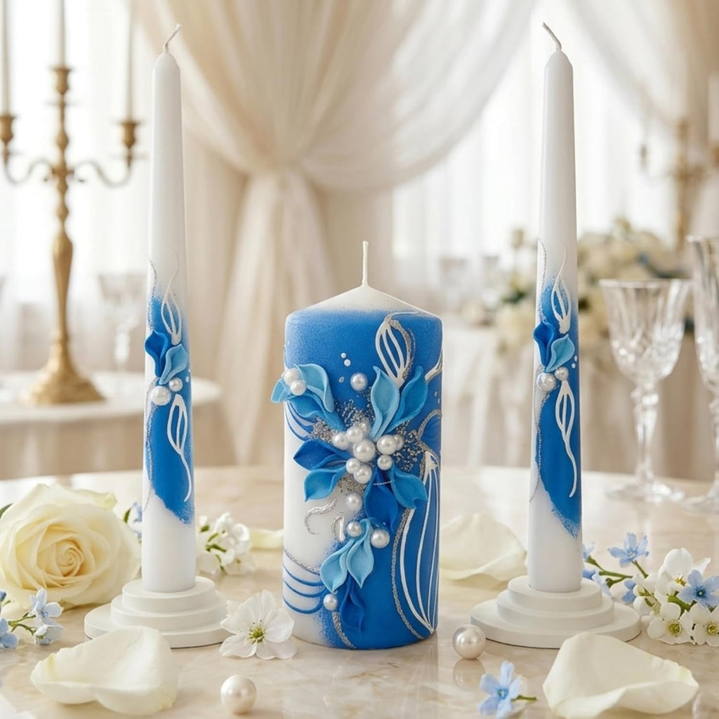 Unity Candle Set for Wedding Ceremony & Reception – 6” Pillar & Two 10” Taper Candles – Wedding Decor for Reception and Church Services – Handmade in USA –White | Royal Blue
