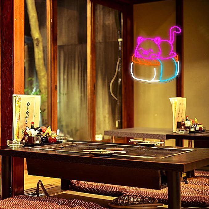 Sushi Cat Neon Sign Delicious Japanese Sushi LED Light Sign for Wall Decor Dimmable Cute Cat Neon Light for Sushi Shop Japanese Restaurant Kitchen Supermarket Cafe Bar home Party Girl Boy