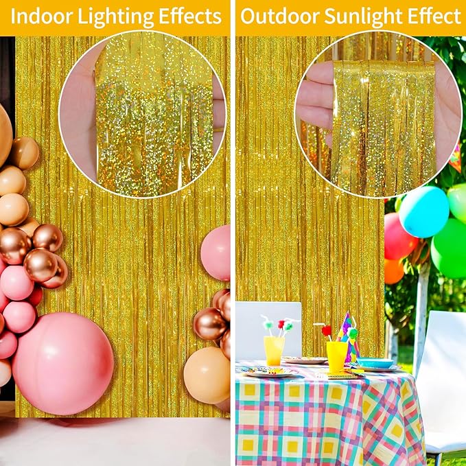 Picoway 4 Pack Gold Foil Fringe Tinsel Backdrop Curtains, Birthday Engagement Bachelorette Party Decorations, Photo Booth Props Door Streamers Curtain