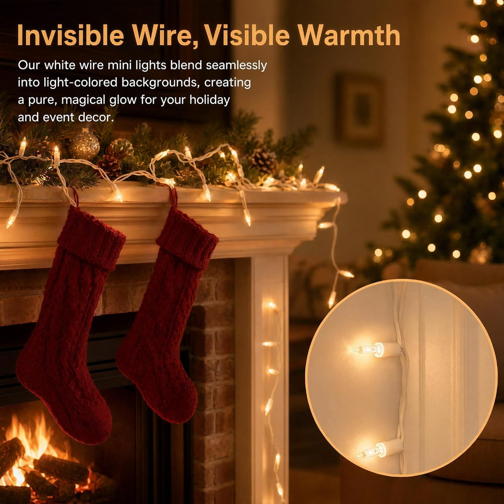 21ft White Wire Clear Bulb String Lights UL Certified | Classic warm glow for Christmas, wedding, patio. UL588 certified. IP44 waterproof. Connect up to 5 sets.