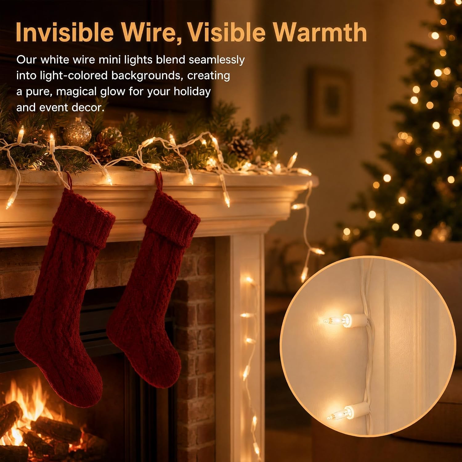 21ft White Wire Clear Bulb String Lights UL Certified | Classic warm glow for Christmas, wedding, patio. UL588 certified. IP44 waterproof. Connect up to 5 sets.