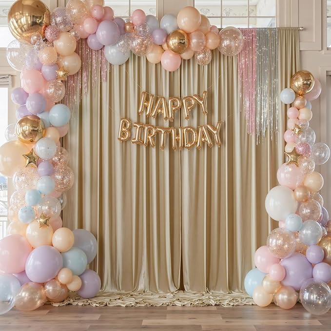 30×12 ft Wrinkle Free Beige Backdrop Curtain for Weddings Parties, 2 Panels 12ft Silky Polyester Wedding Drapes Backdrop Photo Back Drop Cloth for Birthday Baby Shower Photography Backgrounds