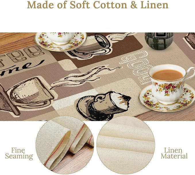 Coffee Table Runner,Vintage Style Coffee Cup Bean Abstract Theme Pattern Print Tablecloth Burlap for Hotel Indoors Outdoor Dining Room Kitchen Table Decor, 13x36in
