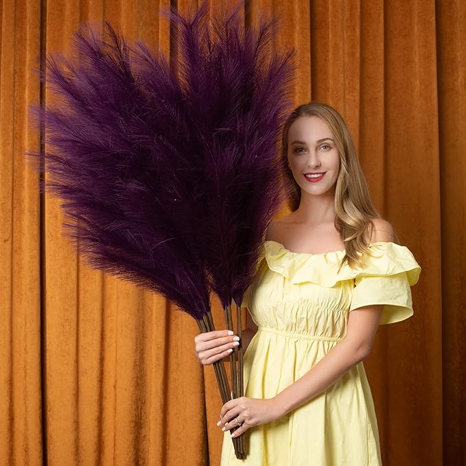 EVODIS Pampas Grass Decor Tall, 43"/110cm Faux Pampas Grass 6 Stems Large Pompass Grass Branches Tall Bulk Boho Flower Arrangement for Home Room Wedding Party Decor(Purple)