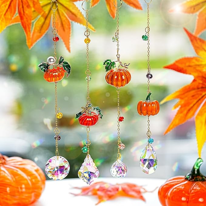 HDCRYSTALGIFTS Set 4 Fall Pumpkin Suncatchers Crystals Sun Catchers Indoor Window Hanging Thanksgiving Tree Decorations for Farmhouse Harvest Autumn Home Party Decor