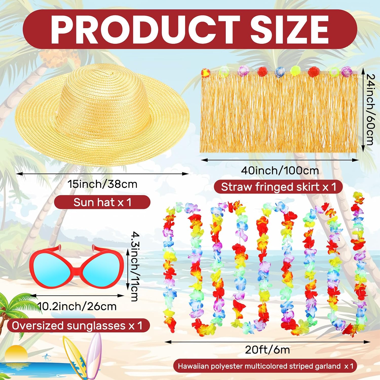 4 Pcs Summer Christmas Tree Decoration Christmas July Tassel Grass Skirt Oversized Sunglass Hat Floral Garland Tropical Party Decor for Hawaiian Party Supplies