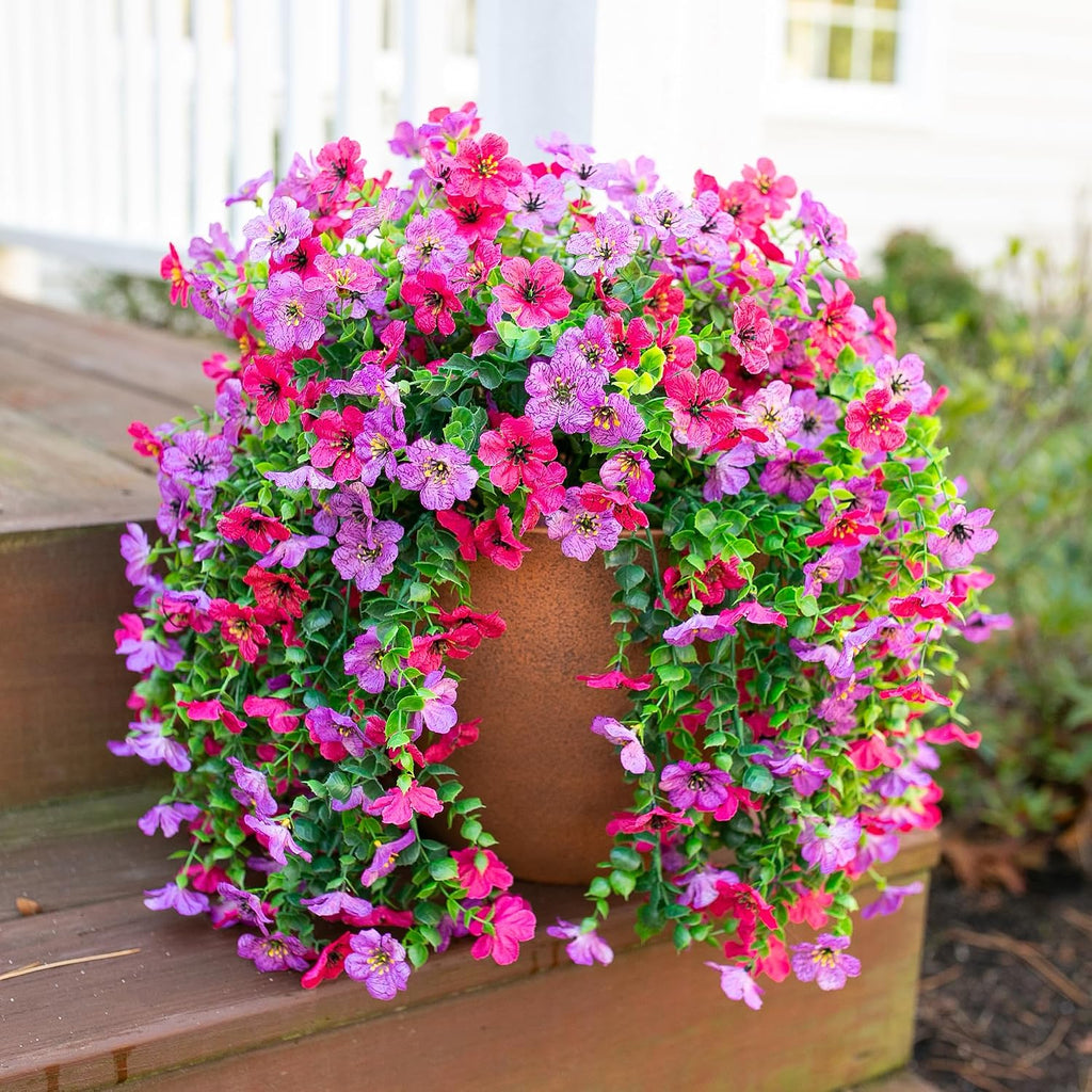 HyeFlora 2Pcs Fake Flowers Artificial Floral for Outdoors Decorations, Outside Flower Decor, UV Resistant Silk Flower for Front Porch Patio Garden(Purple and Hotpink)