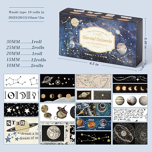 18 Rolls Celestial Washi Tape Set Galaxy washi Tape for Crafts and Journaling DIY washi Tape for journaling Decorative Tape for Scrapbook Scrapbooking Supplies