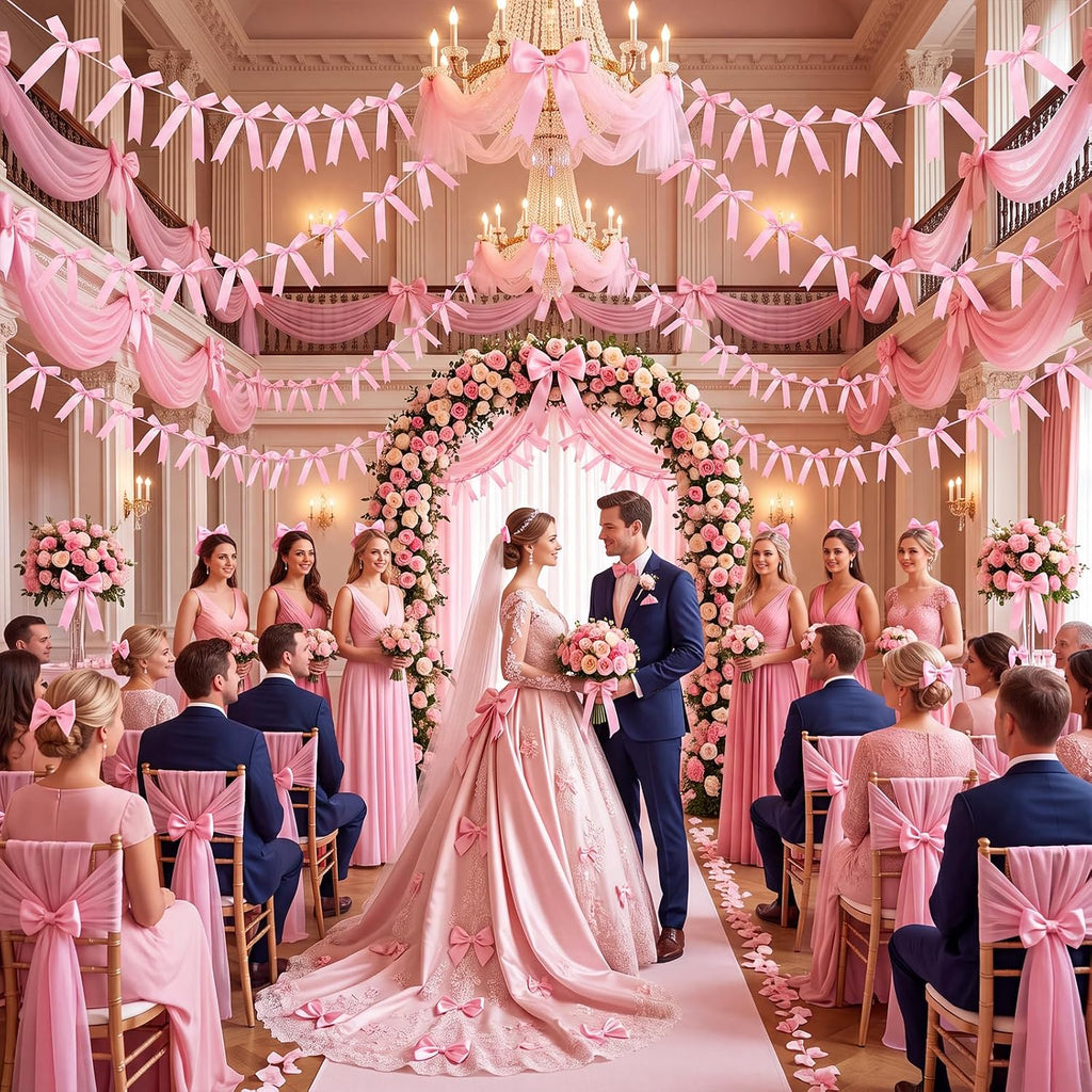 2 Pcs Pink Bow Garland Banner, Pre-Strung Pink Satin Ribbon Bow Garland Coquette Birthday Decorations for Classroom Decor Wedding Birthday Baby Shower
