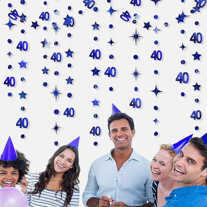 Navy Blue 40th Birthday Decorations Number 40 Circle Dot Twinkle Star Garland Metallic Hanging Streamer Bunting Banner Backdrop for Women 40 Year Old Birthday Forty Anniversary Party Supplies