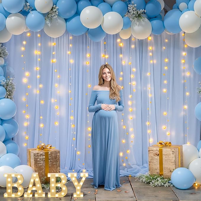 10ft x 10ft Baby Blue Chiffon Backdrop Curtain with Lights String for Parites Wedding Light Blue Curtains Photo Backdrop Drapes for Baby Shower Birthday Party Home Decorations