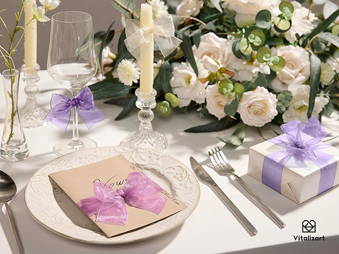 Vitalizart Organza Ribbon 1.5" x 30 Yd Lavender Purple & Cream White Sheer Ribbons for Gift Wrapping Crafts Christmas Wreaths Bows Party Decor Wedding Bouquet