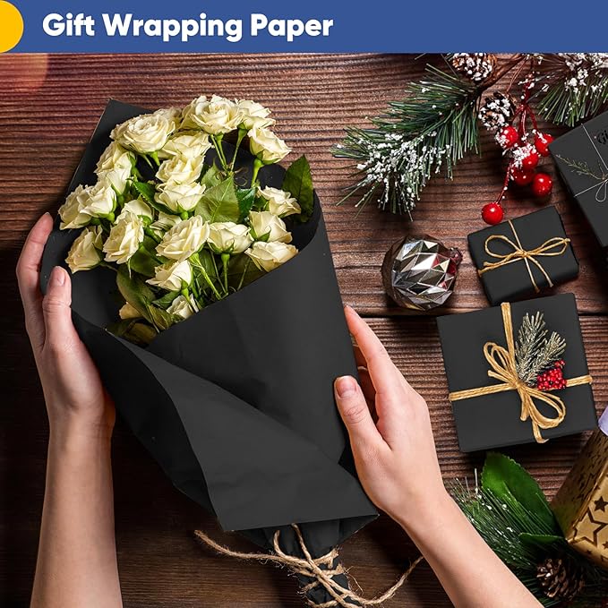 Vanhench Black Wrapping Paper, 17.5" x 963" (80 1/4FT), Art Paper, Birthday, Bouquet Flower Wrapping, 80GSM 55LB