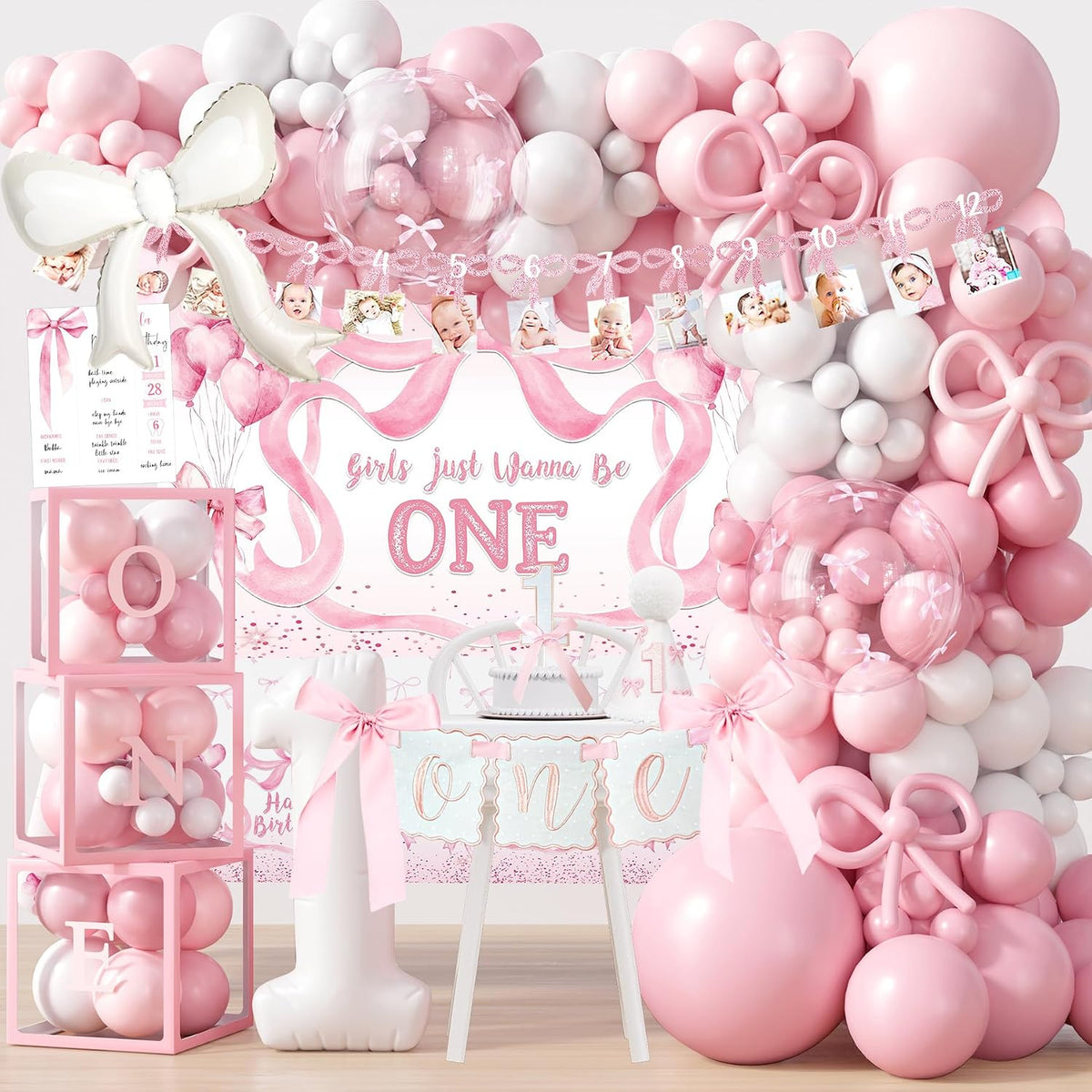 pink bow 1st birthday decorations, first birthday party, main product view