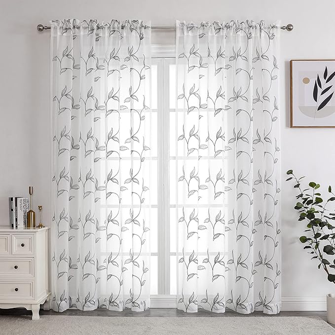 VISIONTEX Sheer Curtains 108 Inch Length 2 Panels, Decor Iron Grey Vine Leaves Embroidery on White Voile Pair, Accent Semi Window Drapes for Kitchen, Living Room and Bedroom, 54" W x 108" L