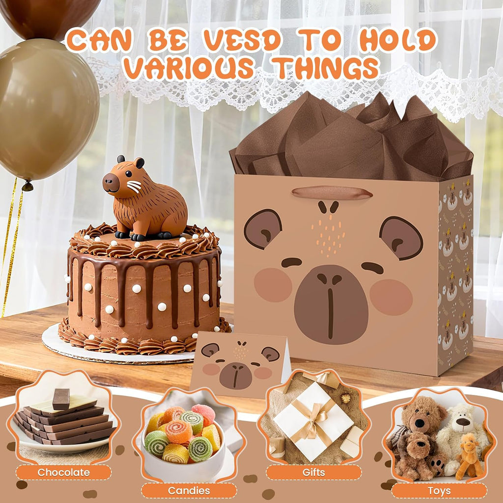 Large Capybara Birthday Gift Bag,Cute Capybara Wrapping Paper Bag Brown Capybara Party Decoration Gift Bag with Tissue Paper and Greeting Card for Capybara Animal-Themed Birthday Party Supplies