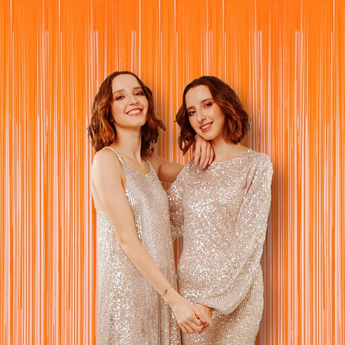 2 Pack Orange Foil Fringe Backdrop Curtains, Tinsel Streamers Birthday Party Decorations, Fringe Backdrop for Graduation, Baby Shower, Gender Reveal, Disco Party