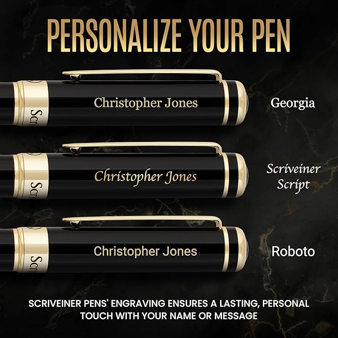 Scriveiner Personalized Black Fountain Pen - Stunning Luxury Pen, Jet Black Lacquer, Real Gold Plating, German Schmidt Nib (Medium), Best Engraved Gift Set for Men & Women, Name Engraving
