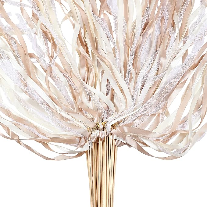 Sumind 40 Pieces Ribbon Wedding Streamers with Bells, Lace Fairy Wand Stick Party Ribbon Streamers Chromatic Silk Streamers for Party, Birthday and Holiday (Champagne)