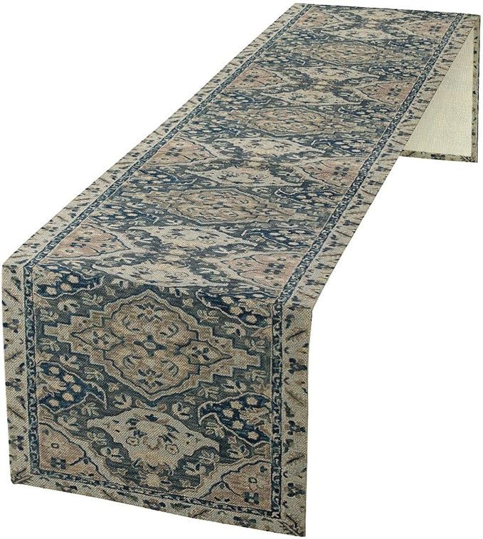 Vintage Boho Floral Table Runner, Rustic Country Farmhouse Blue Grey Retro Flower Pattern for Home Kitchen Table Decor Dining Coffee Room Party Decor 13x108in