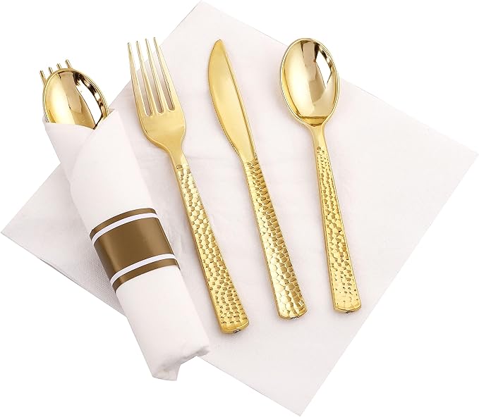 Supernal Set of 60 Wrapped Plastic Silverware Gold Pre Rolled Silverware Set Disposable,Plastic Cutlery for Parties,Disposable Cutlery Heavy Duty with Linen Napkins For Weddings Birhday