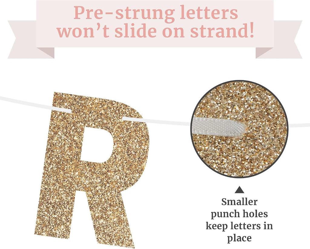 Pre-Strung Happy Birthday Banner - Gold Glitter Birthday Party Banner | No DIY - Pre-Strung on 8 ft Strands - Gold Glitter Bday Party Decorations & Decor for Men & Women