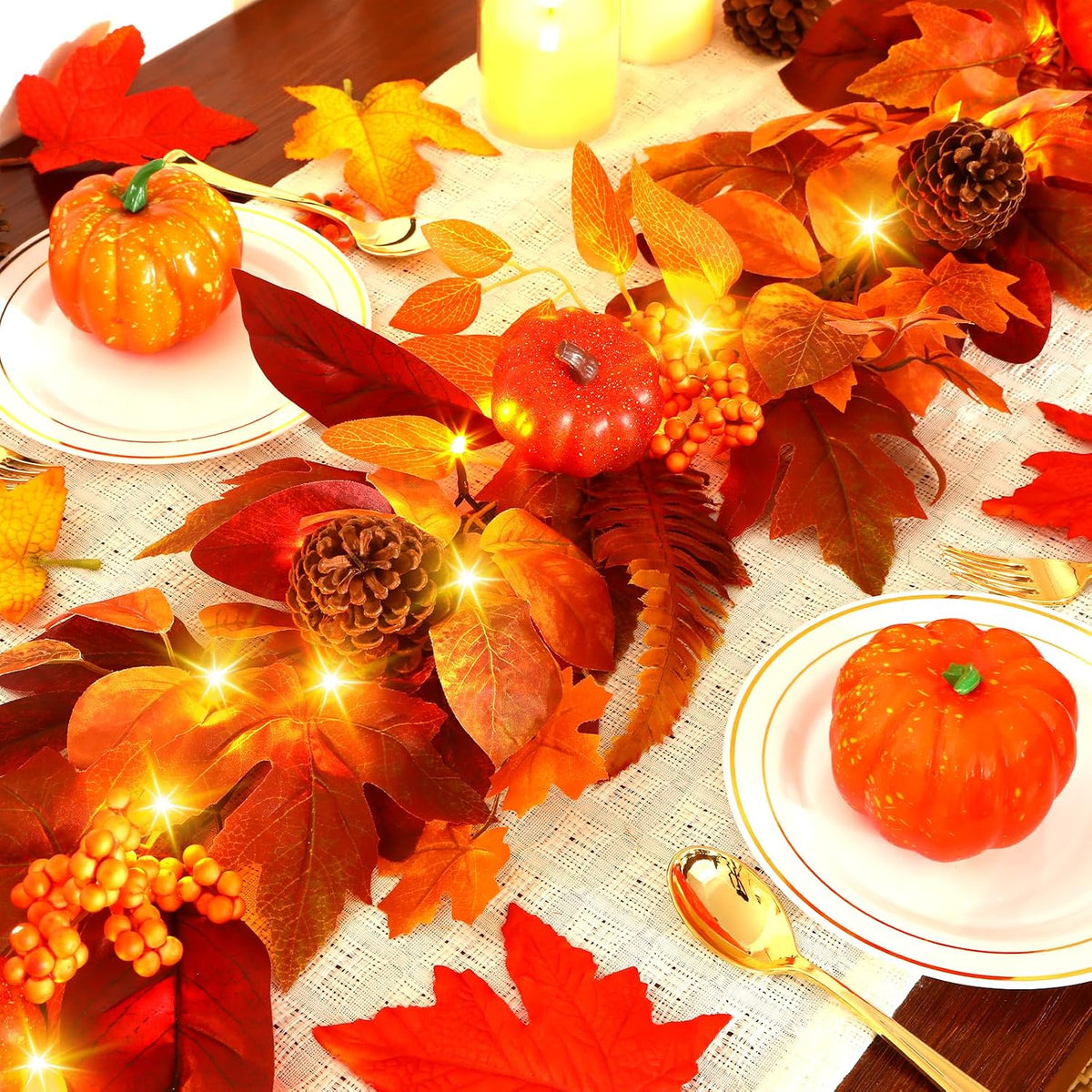 SHareconn 2 Packs 6ft Fall Garland with Lights and Timer for Mantle