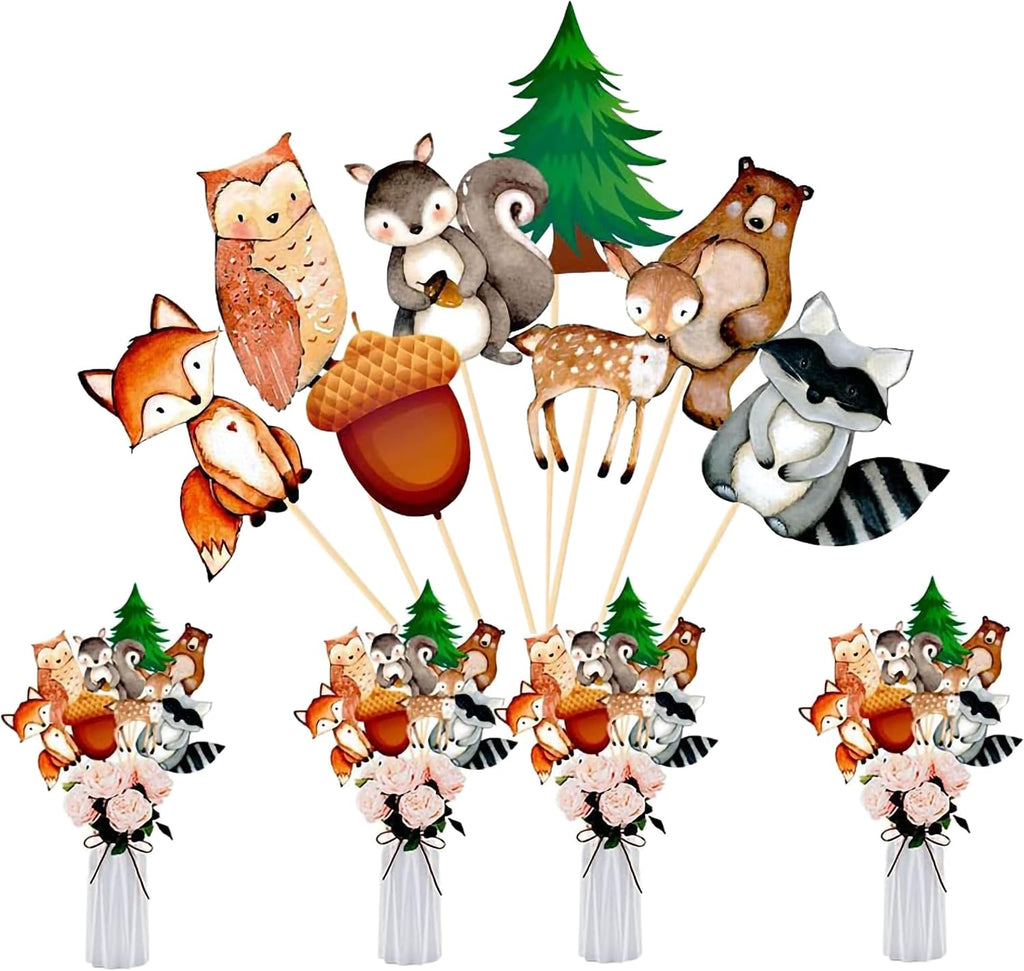 Woodland Animals Party Decorations – Cake Toppers, Cupcake Picks & Table Centerpieces for “Wild One” Camping, Baby Showers and Birthdays Party Supplies (24-Piece Forest Animals)