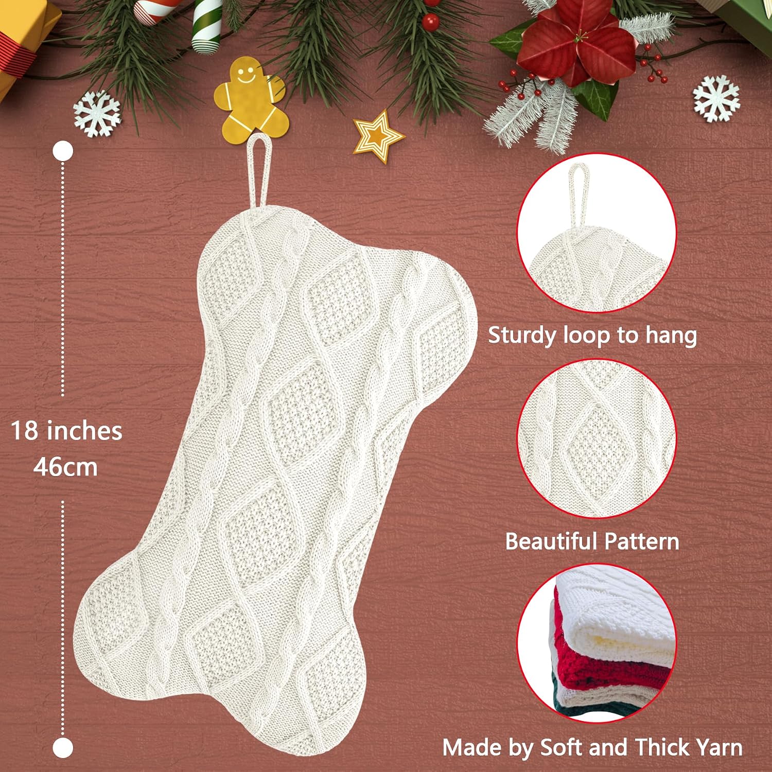 18 Inch Christmas Stockings,Ivory and Khaki Knit Bulk Double Side Vintage Dog Xmas Stockings for Family Dogs Pets,4 Pack