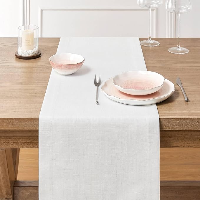ZeeMart Linen Textured Border Table Runner, 14 x 72 Inch White, Farmhouse Style White Table Runners 72 Inches Long, Easy Care Everyday Polyester Table Runner