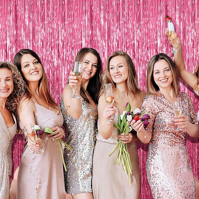 2 Pack Foil Curtain Backdrop Pink Metallic Tinsel Foil Fringe Curtains Photo Booth Props for Birthday Wedding Engagement Baby Shower Bachelorette Christmas Holiday Celebration Party Decorations