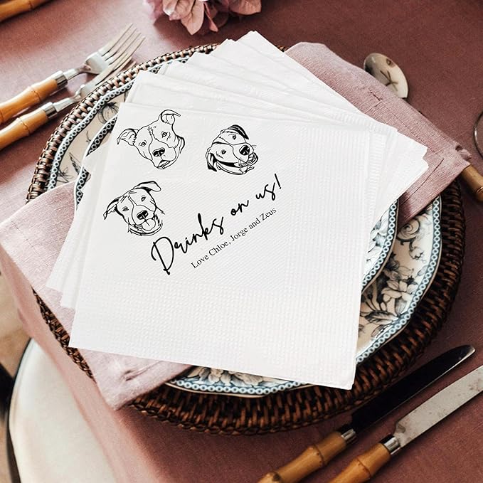 Luxury Customized Illustrated Dog Wedding Napkins, Personalized Photo Napkins for Dog, Custom Wedding Cocktail, Bridal Shower, Engagement Party
